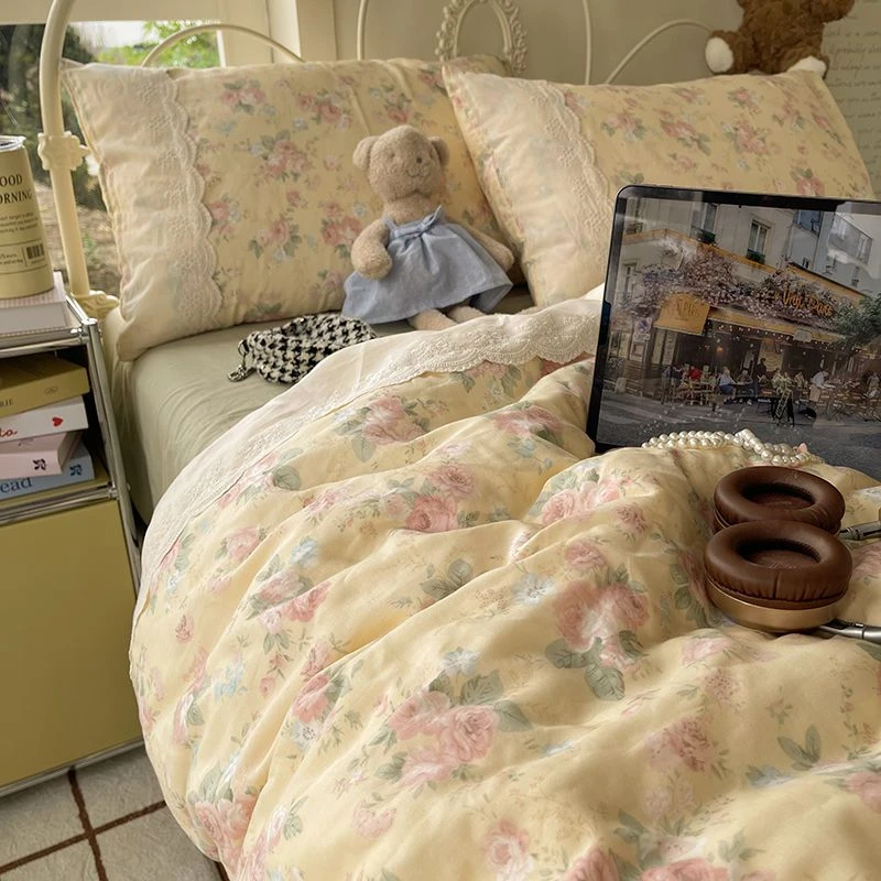 100%全棉双层纱法式花边四件套网红小清新纯棉学生宿舍三件套床品