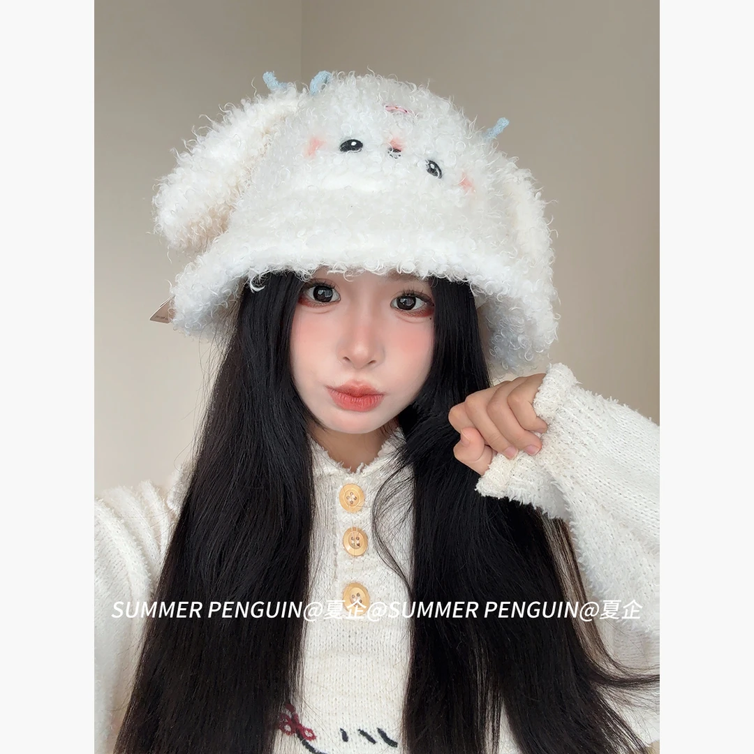SUMMER PENGUIN甜美兔耳朵毛绒渔夫帽女秋冬保暖百搭显脸小盆帽子