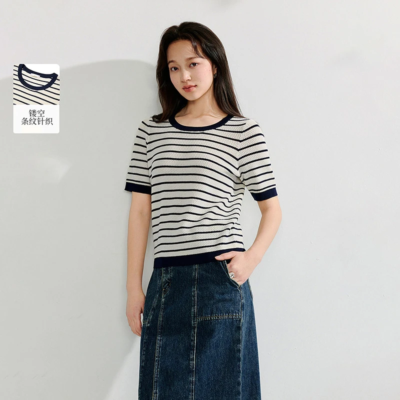 气质镂空条纹薄针织衫2025夏季女装新款休闲撞色圆领短袖上衣