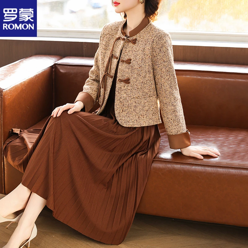 罗蒙国风妈妈秋装连衣裙两件套贵夫人中老年女高档春秋新中式套裙