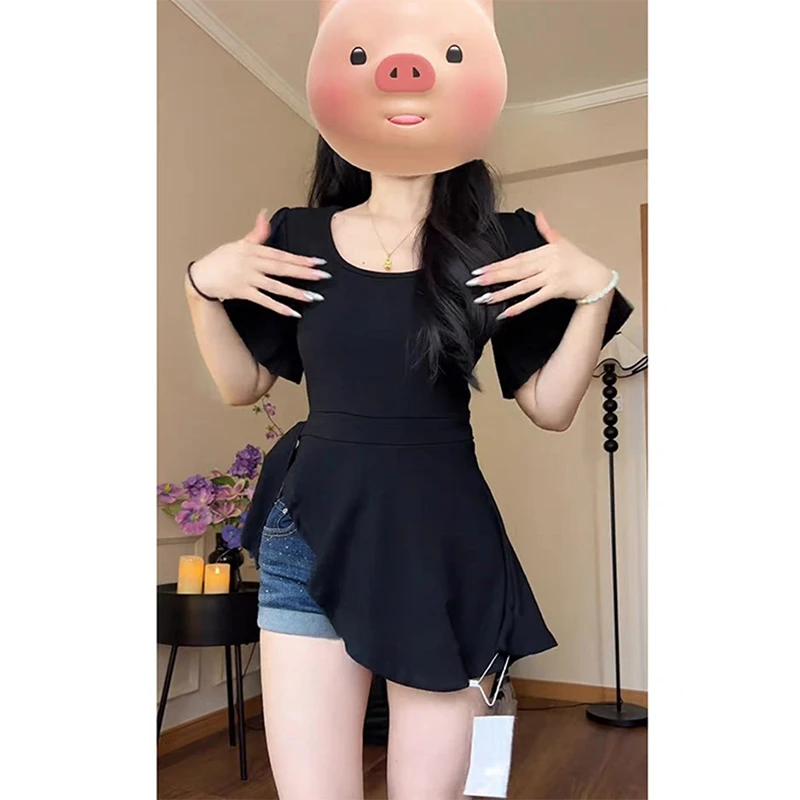 微胖mm不规则绑带显瘦短袖T恤辣妹显瘦掐腰大码上衣纯欲风设计感