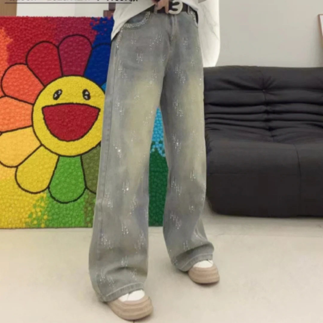 欧货高腰显瘦烫钻牛仔裤时尚直筒阔腿裤 腰带