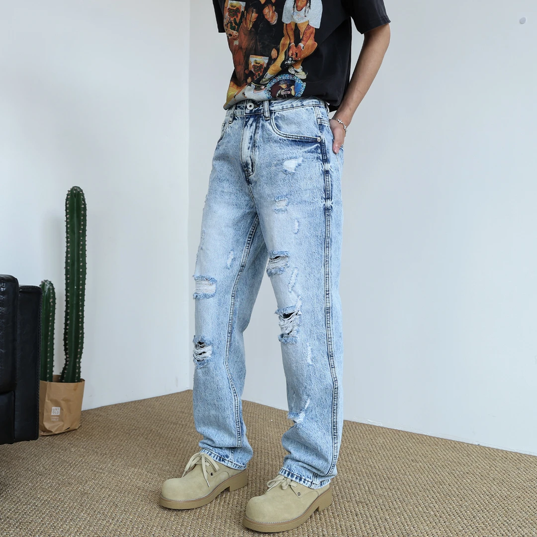 男士浅蓝破洞牛仔裤欧美潮牌个性街头痞帅宽松直筒裤百搭长裤男生