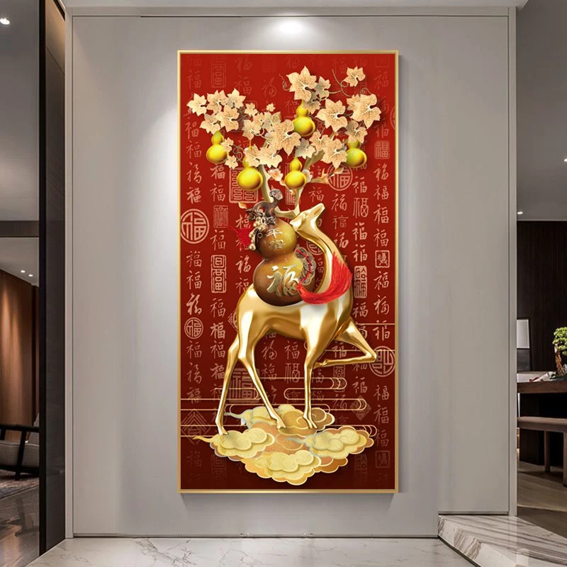 镶钻葫芦轻奢入户玄关装饰画走廊过道挂画现代高级感麋鹿壁画