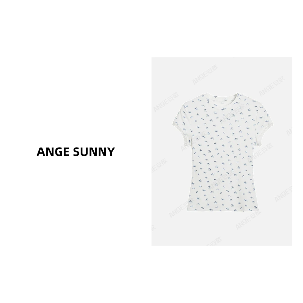 ANGE SUNNY【蓝碎花套装 T恤】Sk*ms莫代尔袖口蕾丝边短袖上衣