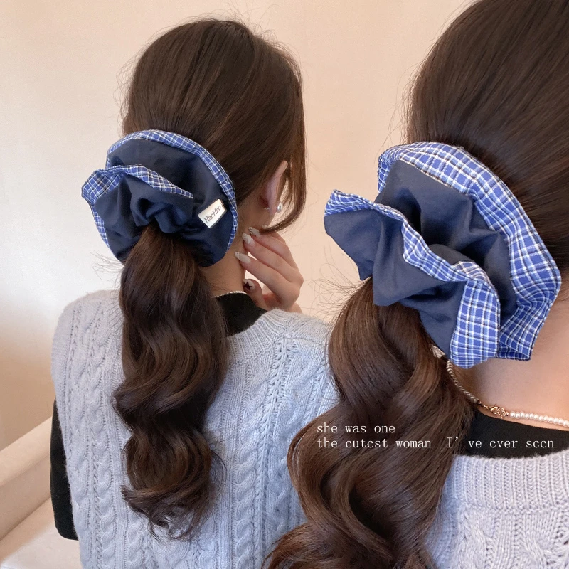 韩国东大门文艺少女撞色格纹褶皱肥肠圈藏蓝色显白高级感发圈头饰