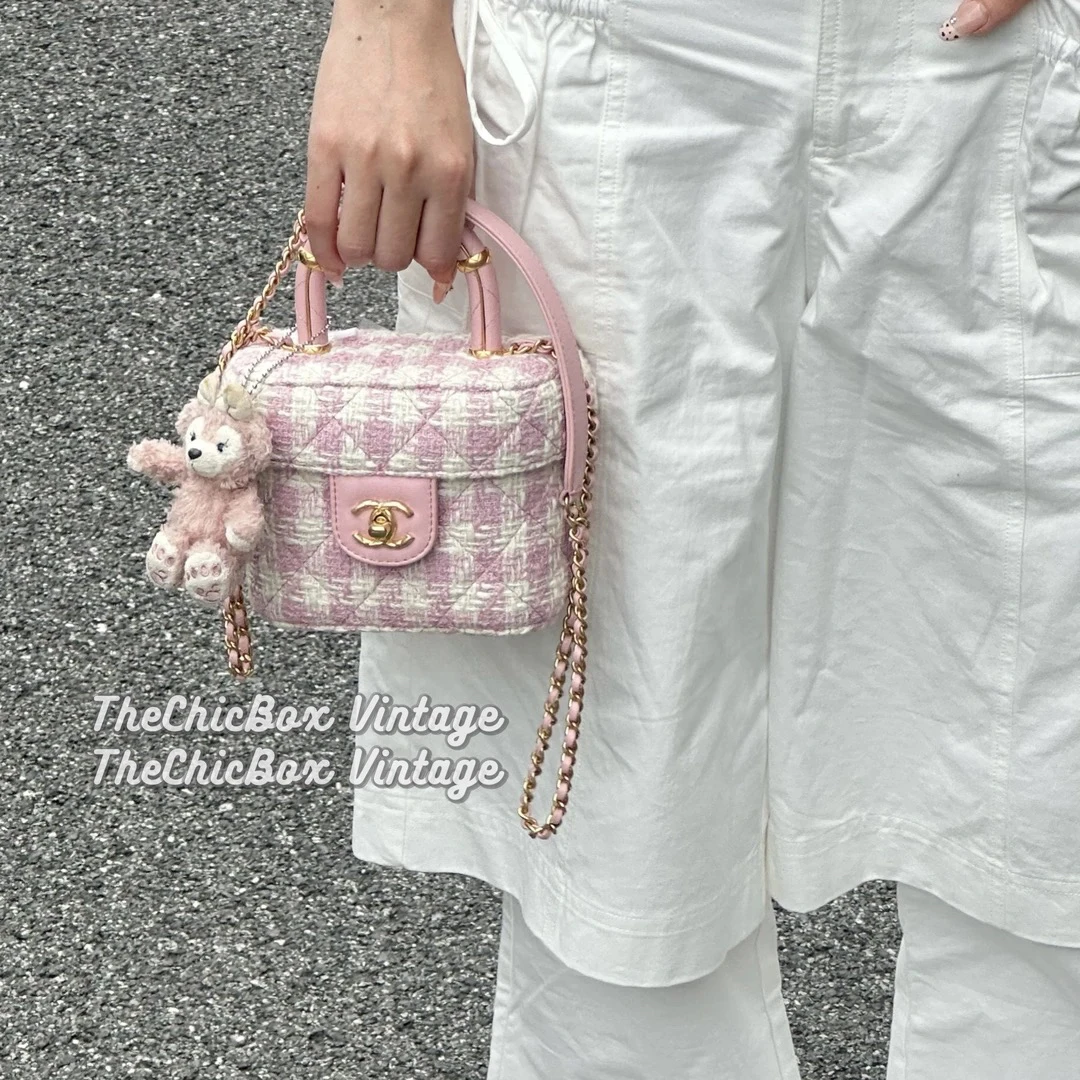 95新 Chanel/香奈儿 只盒/Chanel 23s 粉色粗花呢手提方盒子