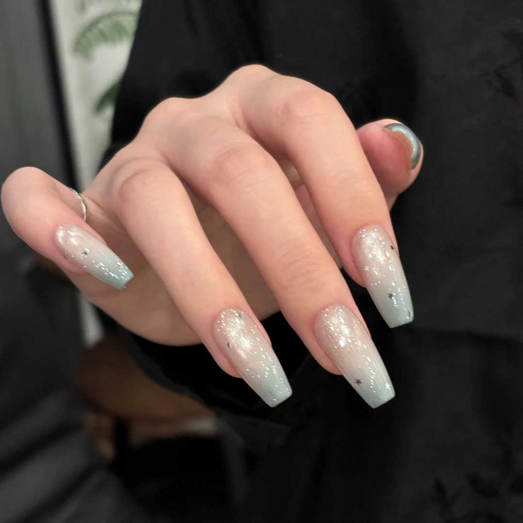 「S2033仙女座流星」冰蓝水润玻璃珠猫眼纯手工穿戴甲 18种甲型定制