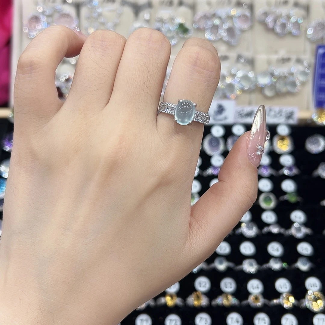 蛇纹石玉银S925镶嵌戒指天青冻