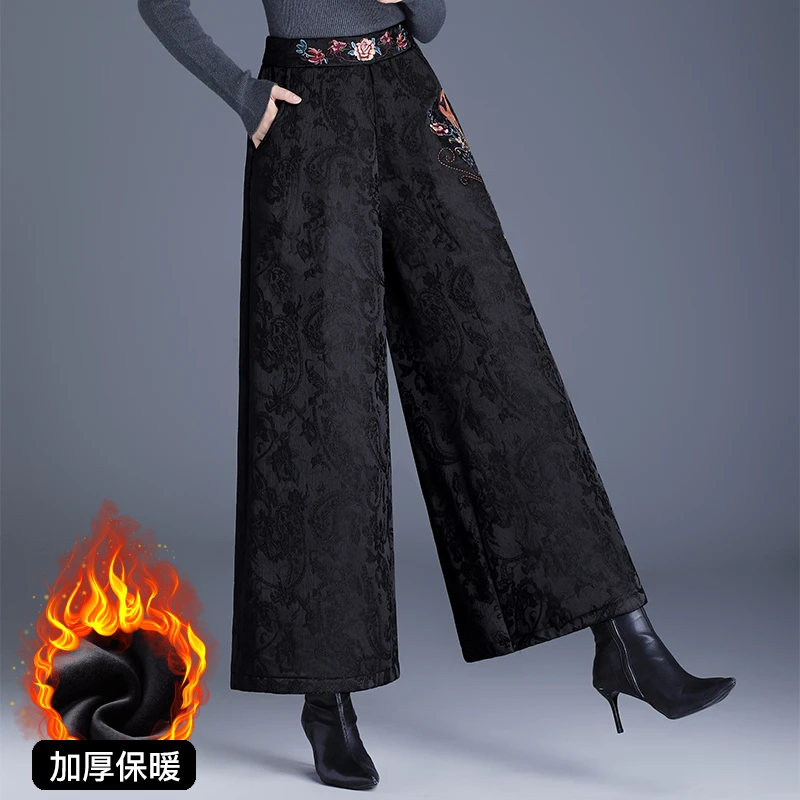 民族风国风提花阔腿裤女冬季款时尚中年妈妈减龄加绒加厚保暖靴裤