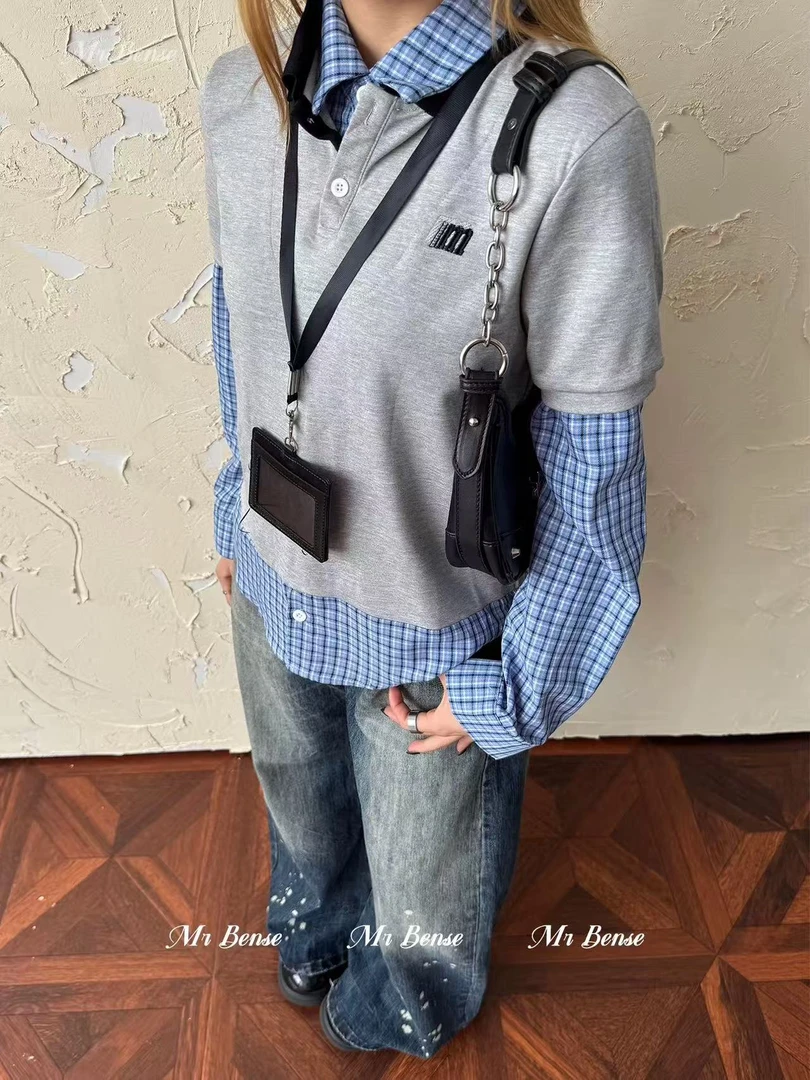 C38-4两色“M字母”假两件格纹拼接长袖衬衣（2776）