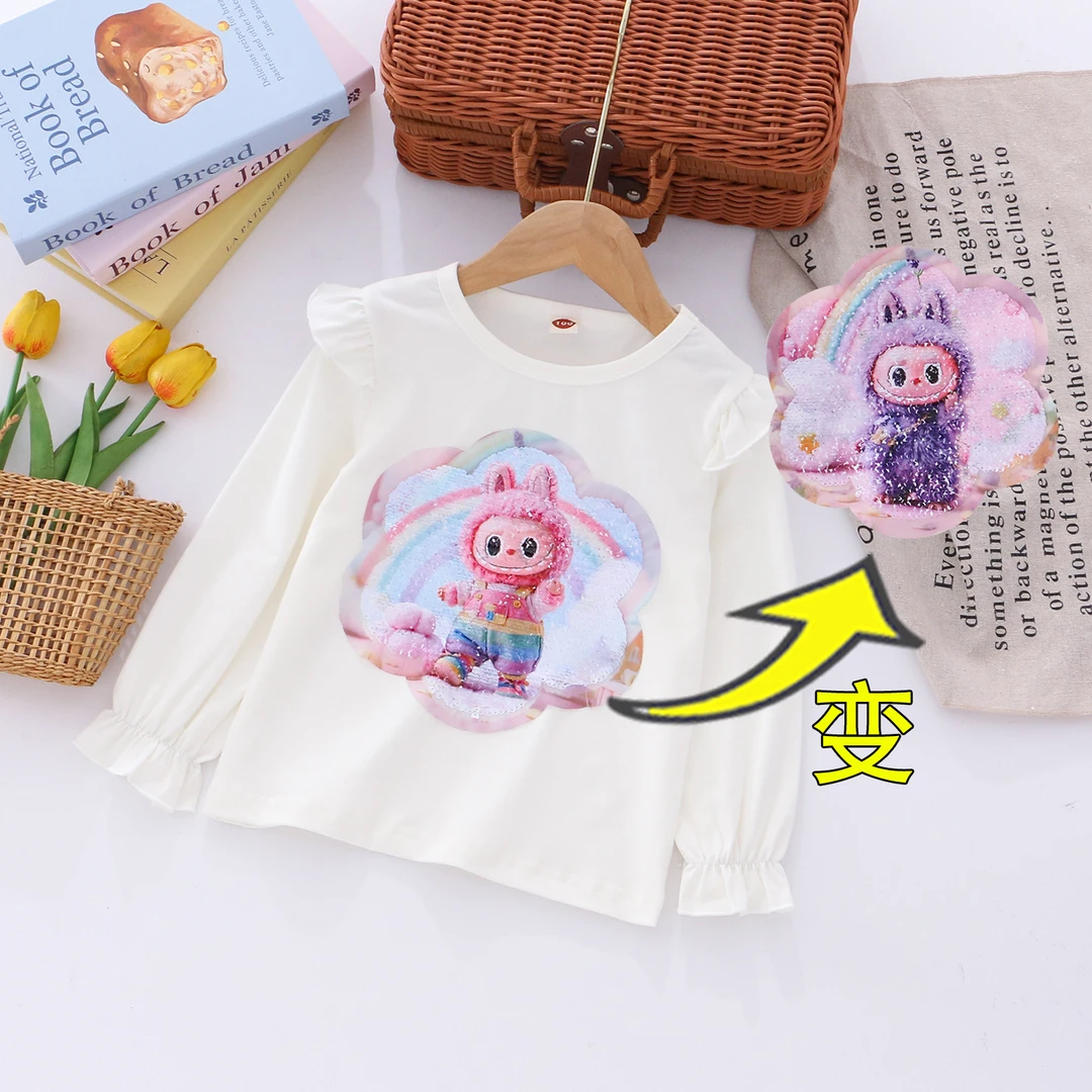 拉布布童装秋装新款女童双面变色亮片长袖T恤卡通打底衫上衣爆款