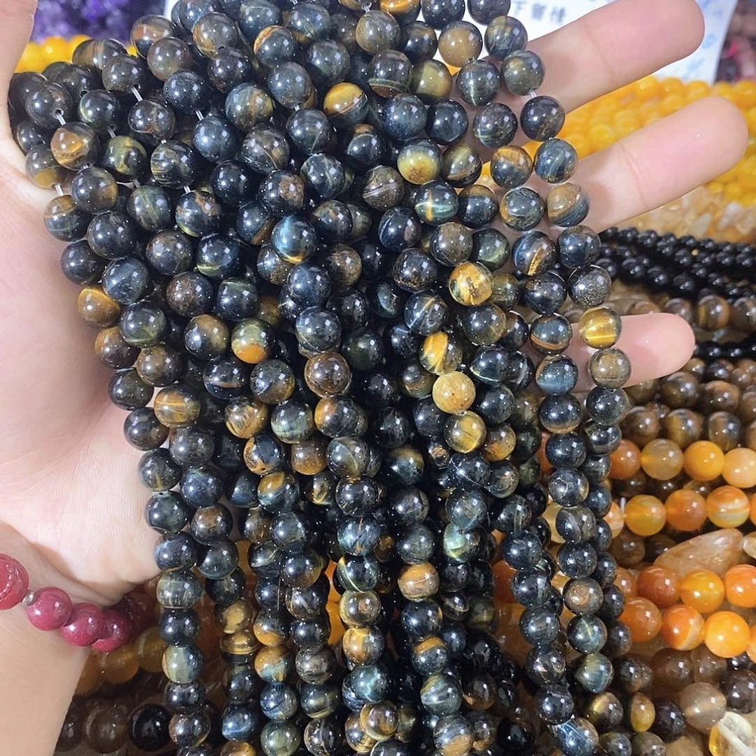 玛瑙/玉髓合金珠宝半成品一条天然8mm蓝彩虎眼圆珠