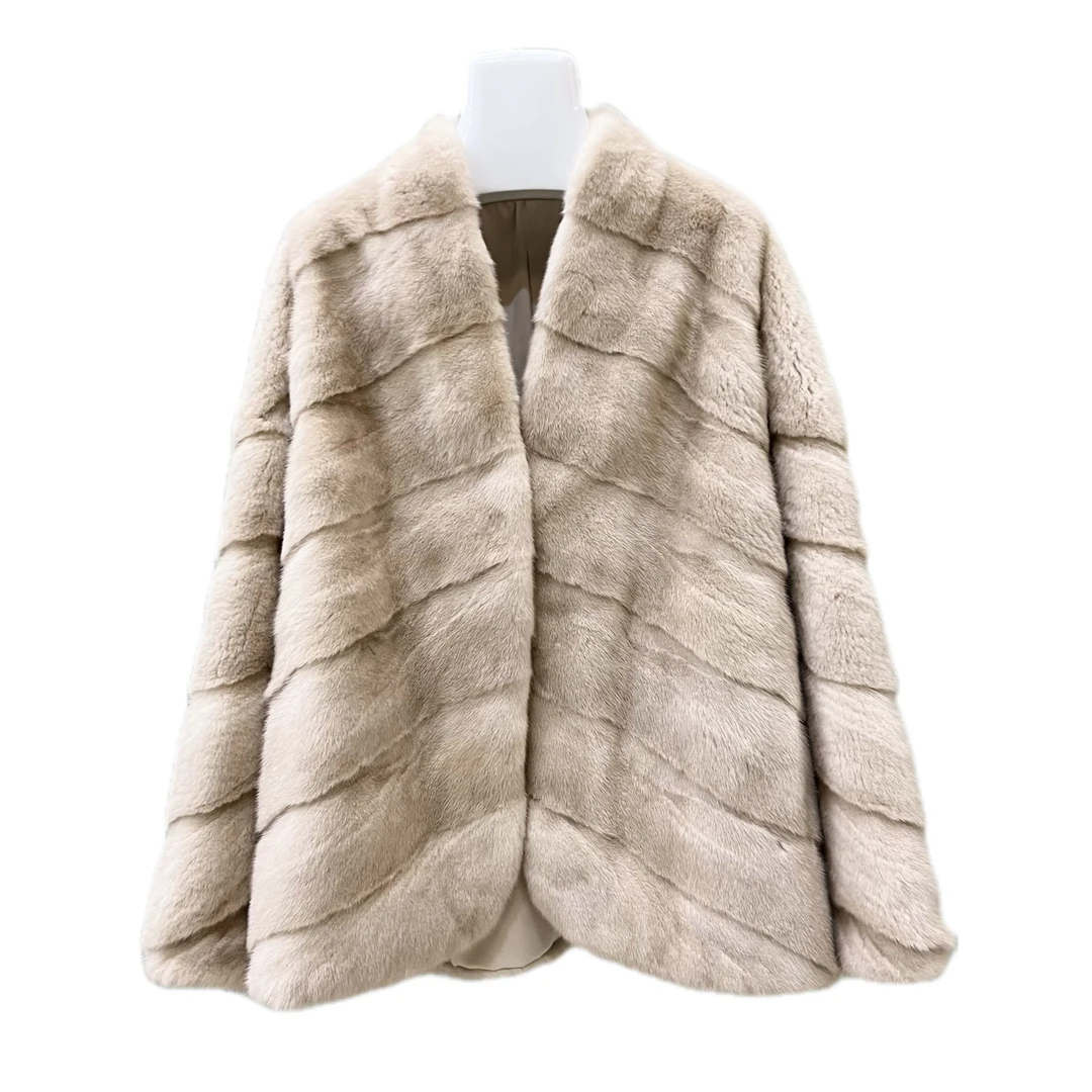 荣之米黄银兰色天鹅绒V领皮草冬季时尚休闲轻奢潮流女款貂皮中衣