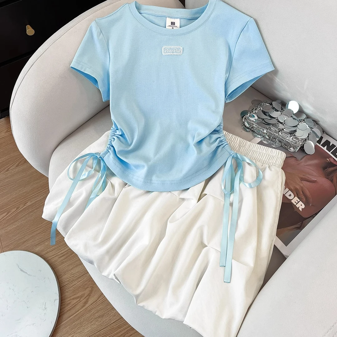 夏季浅蓝色系带抽褶收腰短袖t恤女清纯系百搭显瘦休闲松弛感上衣