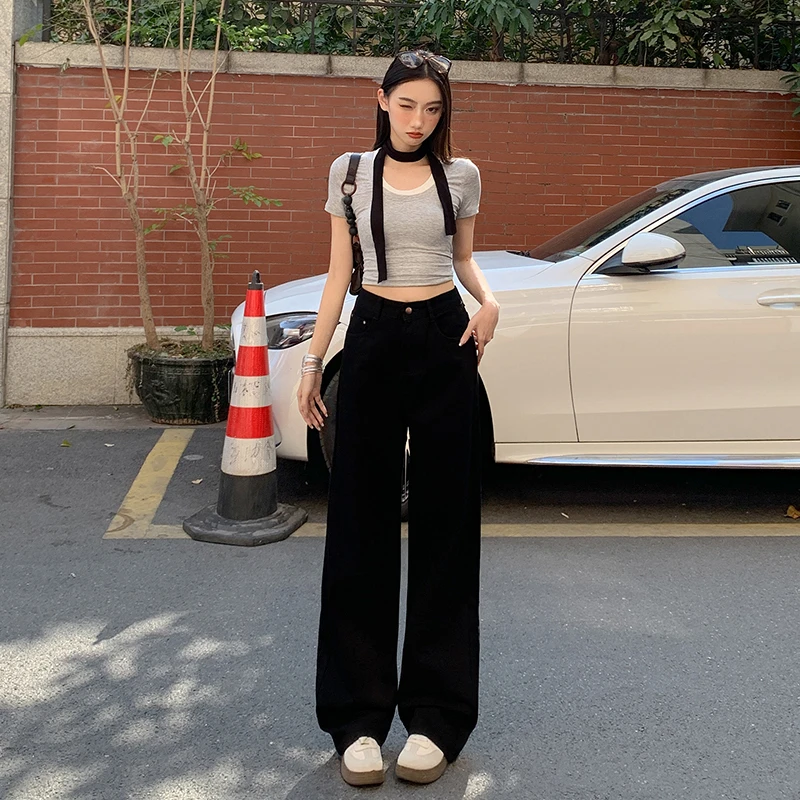 黑色窄版阔腿牛仔裤女2025秋季新款高腰宽松百搭显瘦垂感拖地裤子