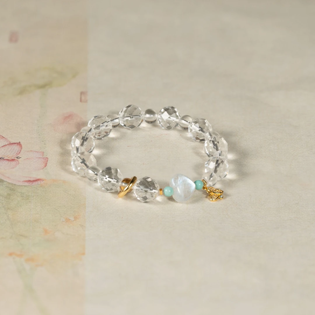 【霜河】花奢珠宝 白水晶+月光石爱心+绿松S925银手串（多样性发货）