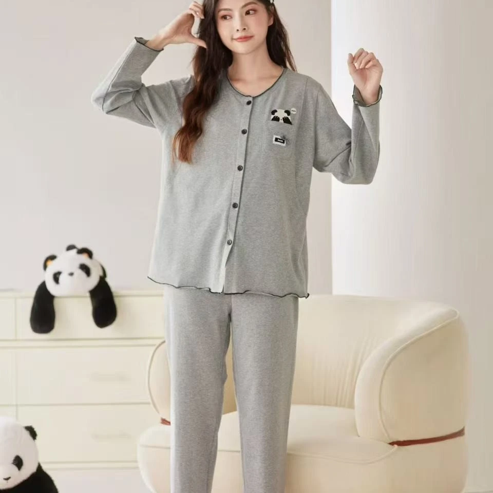 春秋长袖针织纯棉女士薄款孕妇哺乳吸汗舒适月子服带胸垫家居服