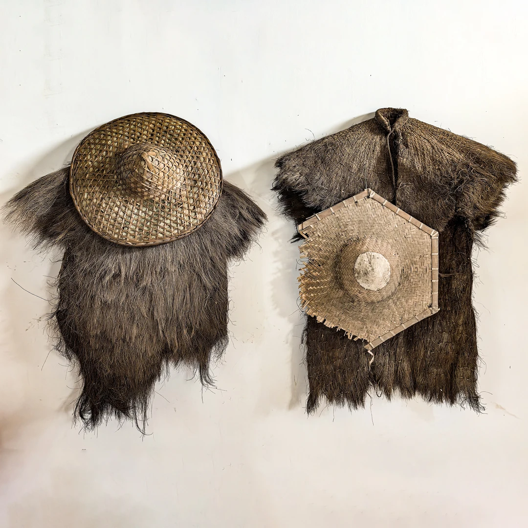 民俗老物件斗笠蓑衣摆件复古怀旧老式六角斗笠蓑笠壁挂造景装饰品