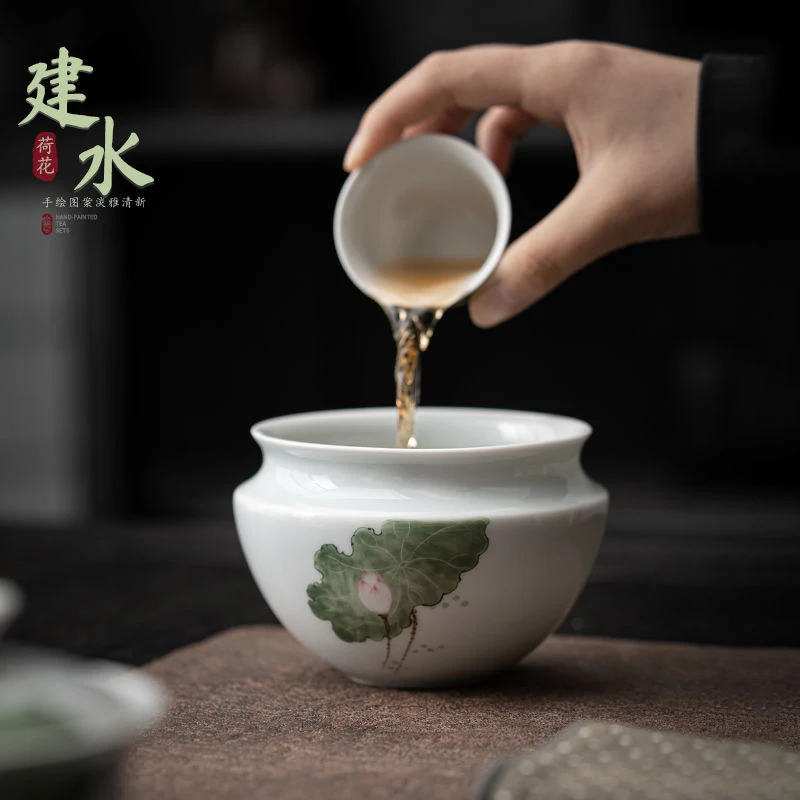 影青手绘荷花茶洗小号茶杯洗功夫茶具茶道配件茶渣盆建水泡茶水盂