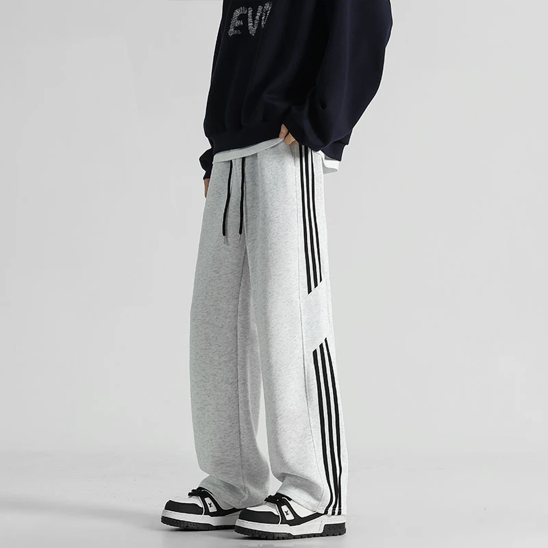 潮流条纹美式裤子男宽松大码休闲显瘦直筒阔腿长裤卫裤百搭运动裤