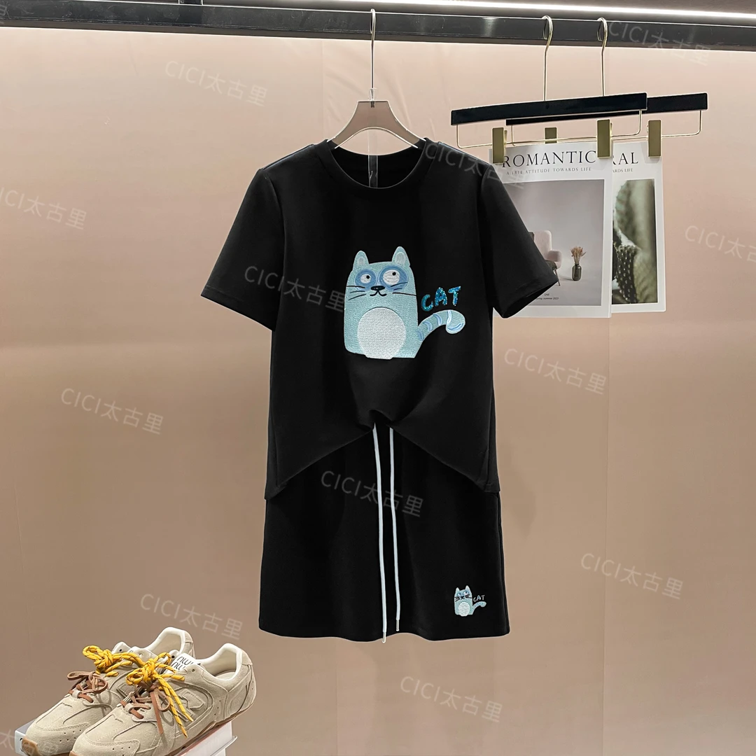 喵呜上头 时尚轻奢设计感龙猫短袖T恤+高腰半裙两件套LL-4000009