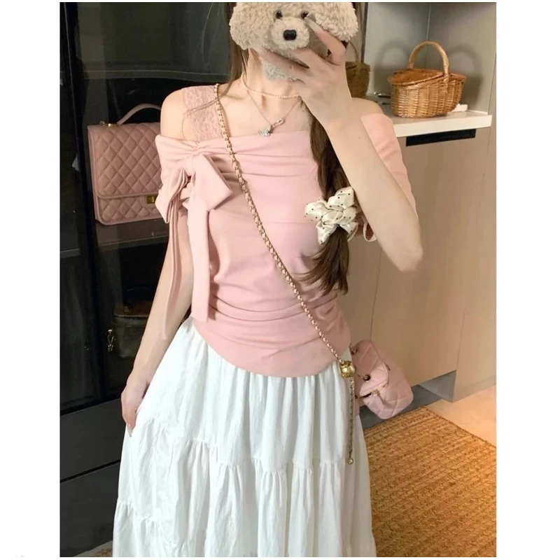 小众不规则绑带蝴蝶结一字肩T恤女2025夏季独特别致露肩短袖上衣