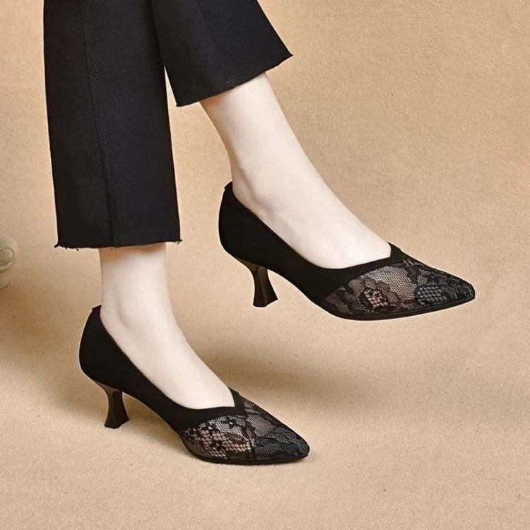 气质高跟鞋女尖头细跟镂空女鞋2025年新款春夏季软皮网纱浅口单鞋