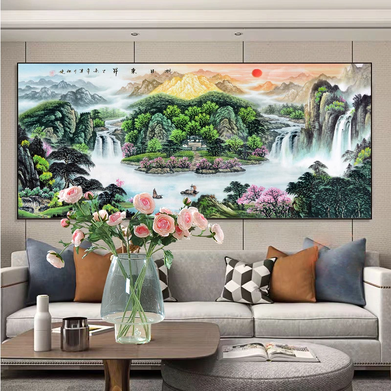 新款钻石画山水风景画聚宝盆旭日东升满钻贴魔方圆钻石画卧室客厅