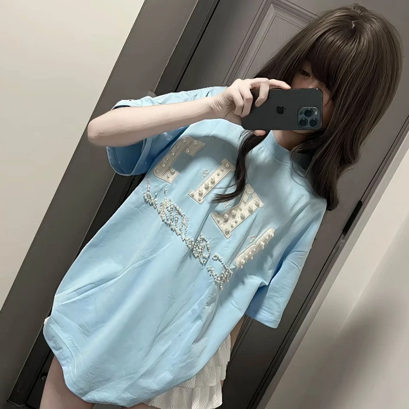 NASA ROAD美式复古珍珠刺绣字母短袖T恤女夏季新款宽松百搭上衣服