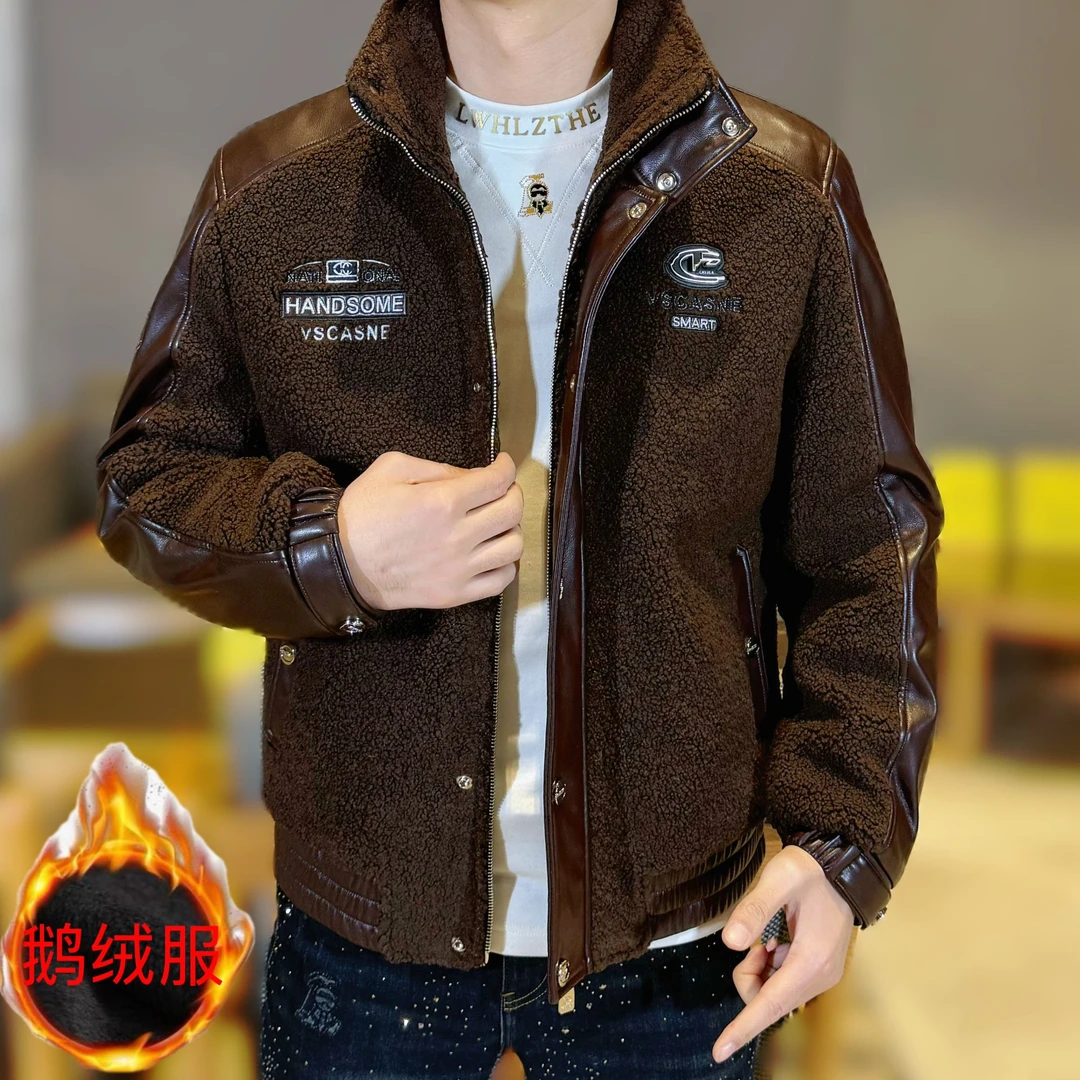 2025冬季男士新款时尚休闲重工刺绣拼皮加厚保暖鹅绒内胆夹克外套