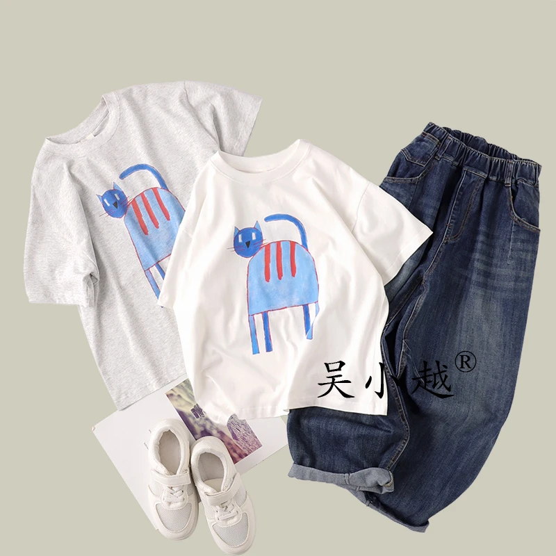 吴小越w1578男童夏款圆领宽松无感数码印花冰感棉t恤短袖中大童