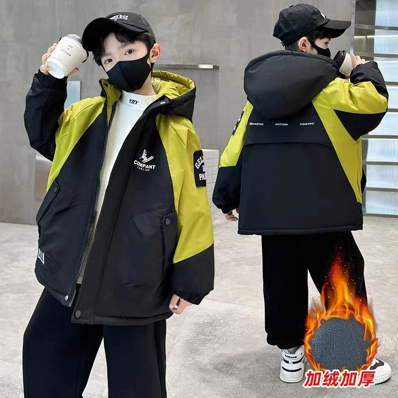 502072童装男童棉服2025冬款兔毛加棉冲锋衣连帽棉衣宝宝潮酷上衣