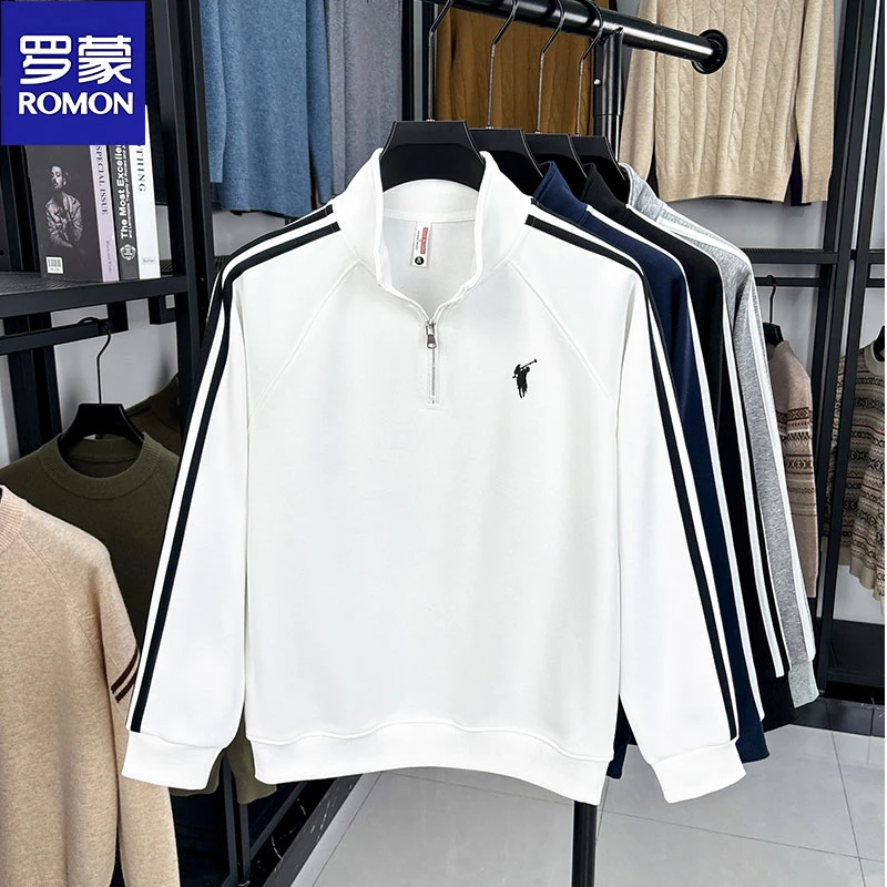 罗蒙秋季立领卫衣男款高档时尚小马标刺绣半拉链长袖轻奢痞帅男装