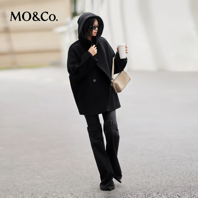 【达人专属】MOCO牛仔裤摇滚洗褪磨白中腰及地拼接微喇裤MBD3JEN020