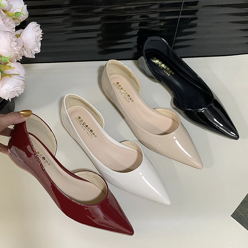 设计感尖头单鞋百搭侧空漆皮法式内增高女鞋新款韩版浅口低跟鞋女