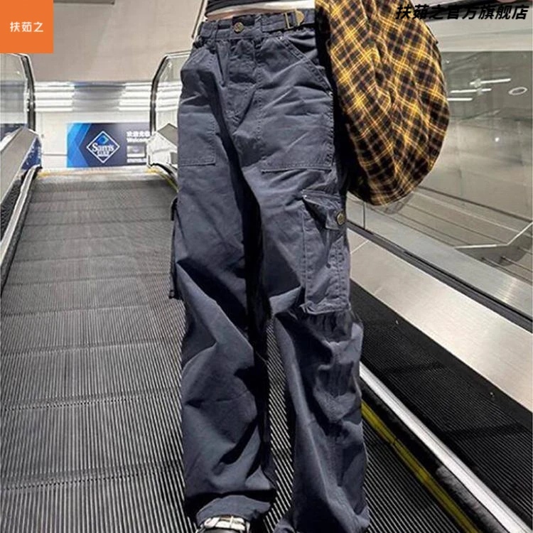 美式复古藏青色多口袋工装裤潮牌痞帅炸街裤子cleanfit直筒裤男女