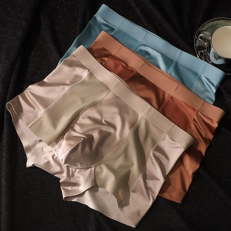 缎面冰丝无痕内裤男士内裤透气夏季网眼空调冰氧平角裤运动四角裤