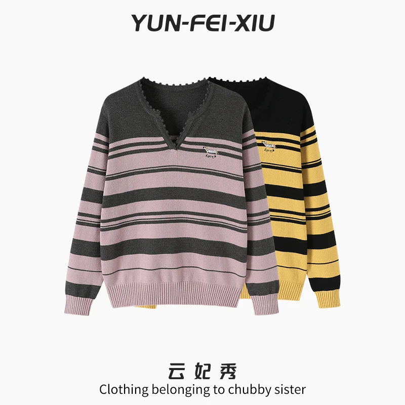 云妃秀大码女装针织衫V领条纹花边时尚宽松显瘦遮肉胖妹妹秋5868