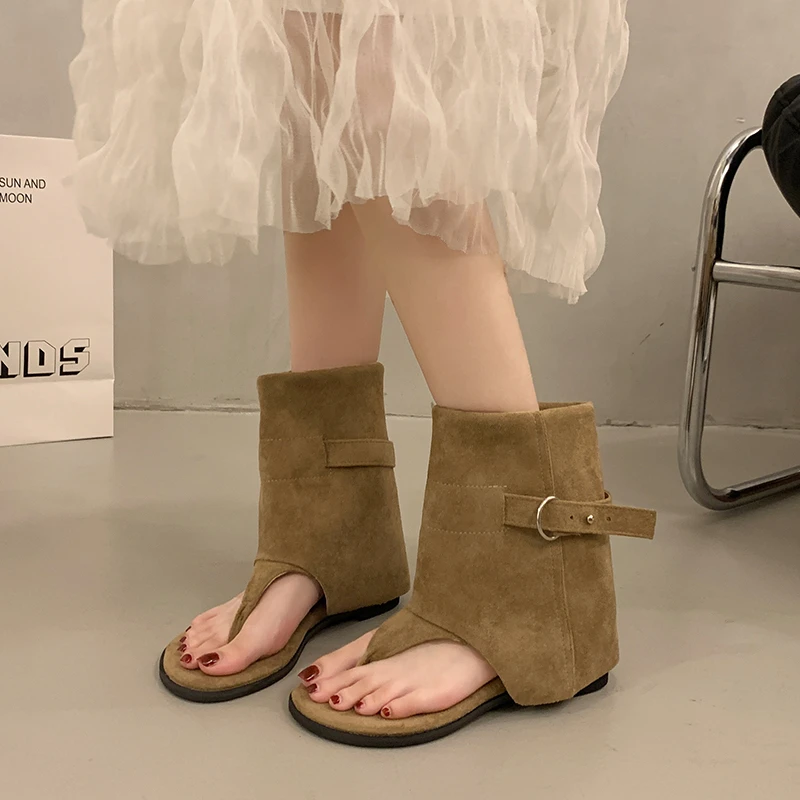 法式内增高5公分人字夹趾镂空凉鞋新款绒面韩版宽松套筒短靴