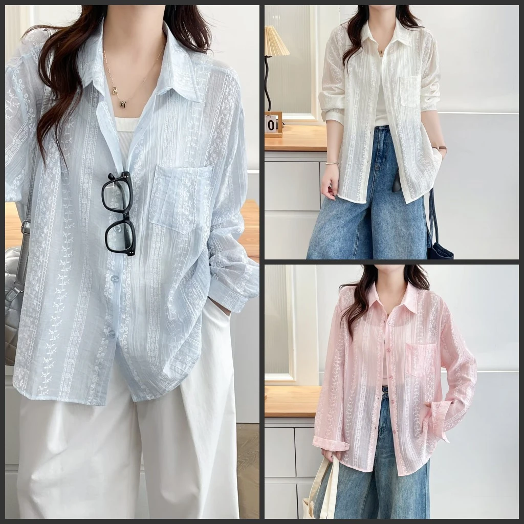 梦冬佳--110-200斤大码女装夏季薄款宽松遮肉百搭长袖衬衫防晒衣