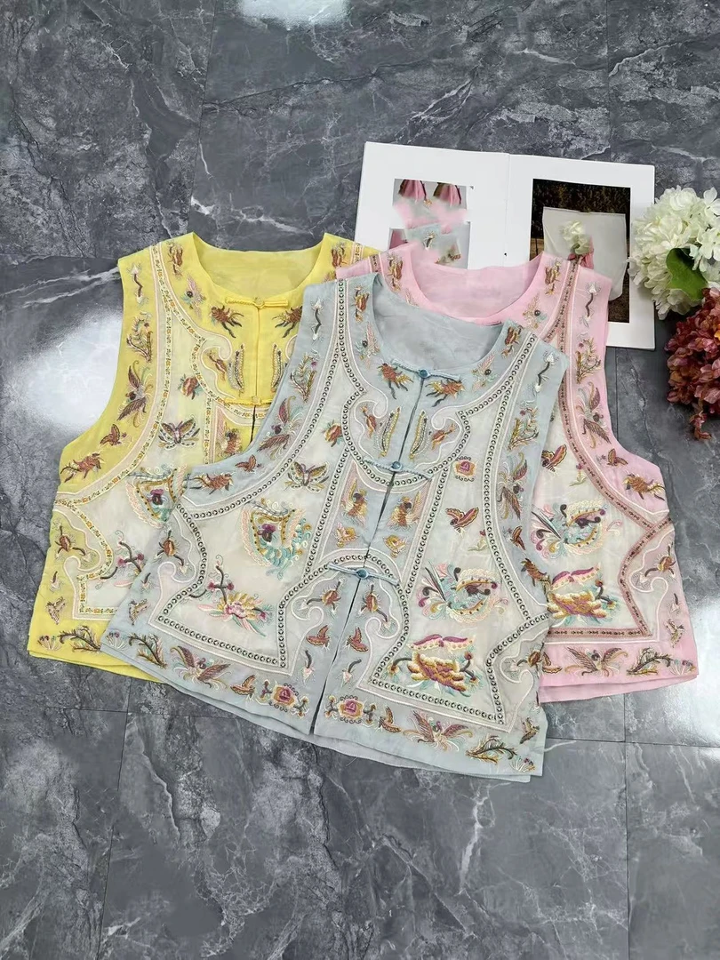 新中式人丝刺绣马甲复古国风盘扣设计短款上衣