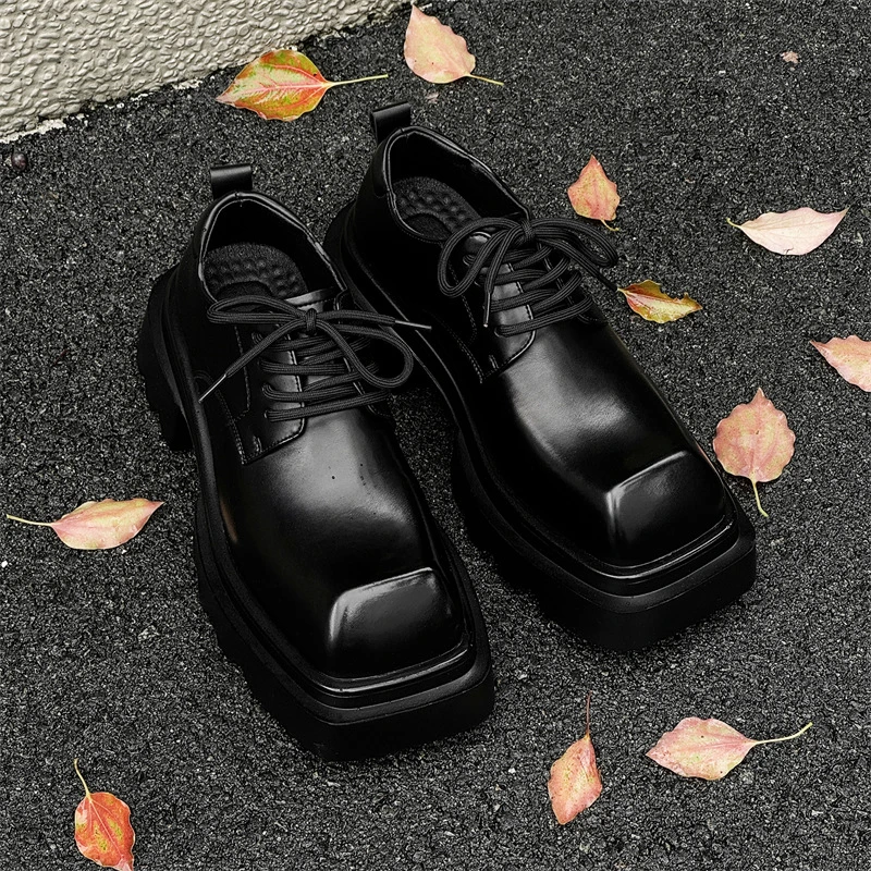 高街皮鞋小众德比鞋新款方头厚底松糕发型师休闲增高鞋舒适轻便