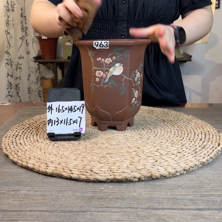 花盆紫砂 特价紫泥手绘莲花六方963