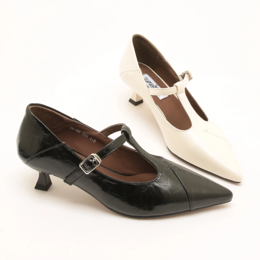 6461春夏新款真皮T字松紧一字扣带浅口尖头气质细跟单鞋高跟鞋