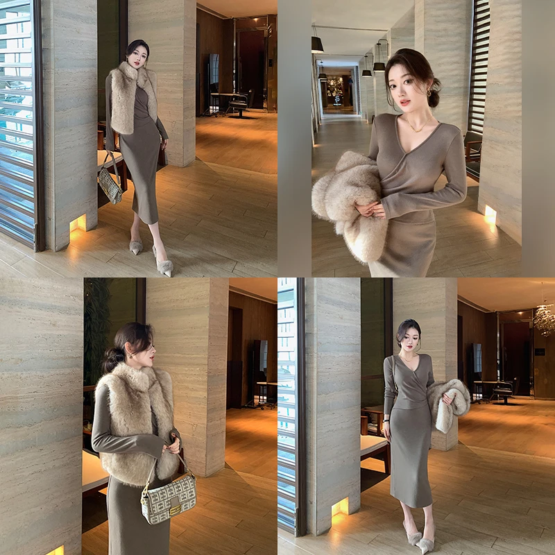 林关关【双生雅叙】优雅气质假两件V领鱼尾连衣裙温柔大方显瘦长裙