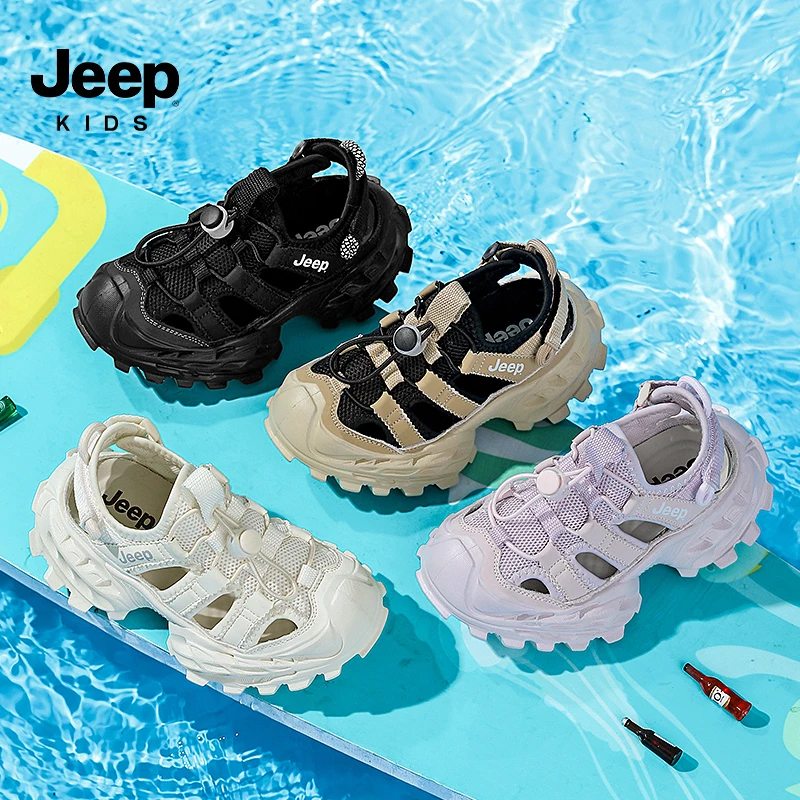 Jeep童鞋儿童运动凉鞋2025新款小白鞋男女童透气软底沙滩鞋包头鞋