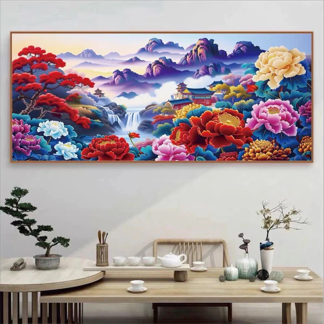 纯手工十字绣成品流水生财鸿锦版客厅书房风景富贵牡丹225×100