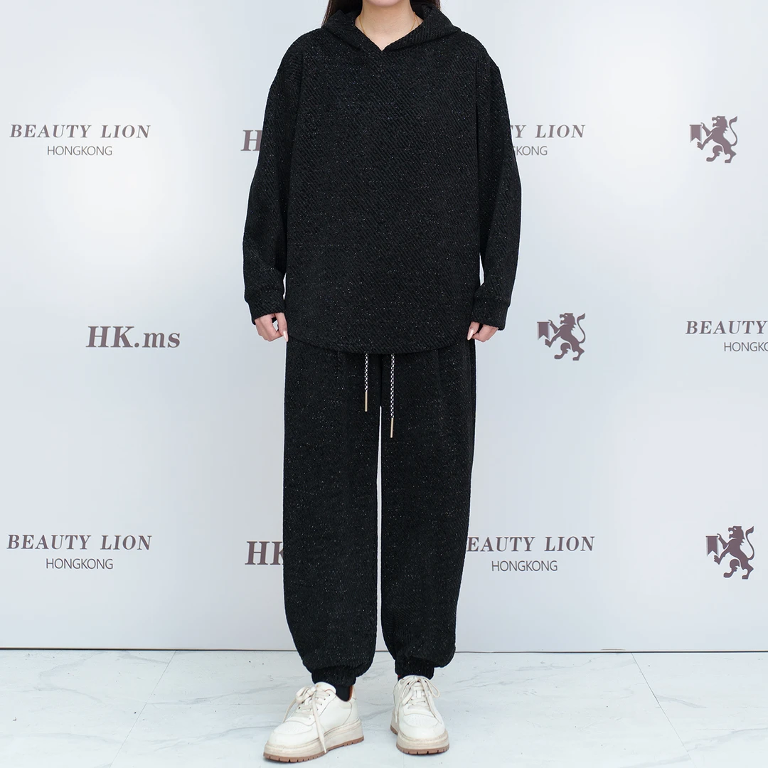 2025H·K美狮潮牌时尚秋冬设计感连帽纯色加绒休闲套装