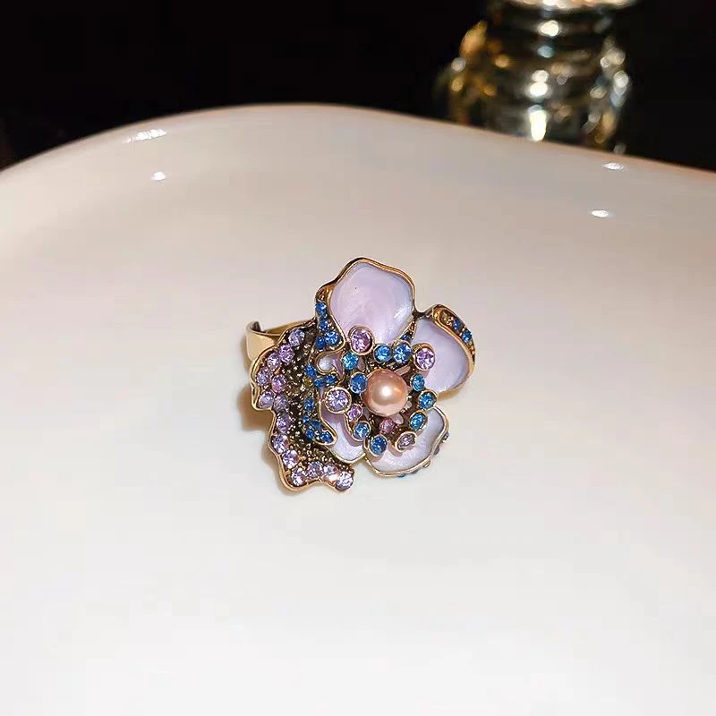 铜合金戒指 【8761】中古镶钻珍珠花朵戒指宫廷风复古气质法式配饰